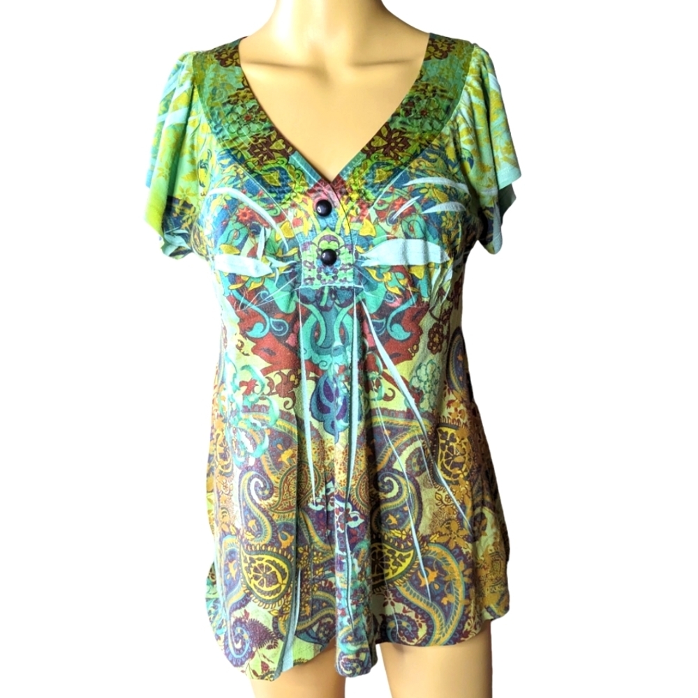 Energe/One World Boho/multi color Paisley Print flowing Top/blouse Sz S
